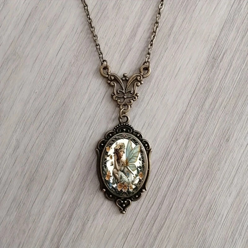 Wholesale Oval portrait flower glass pendant necklace