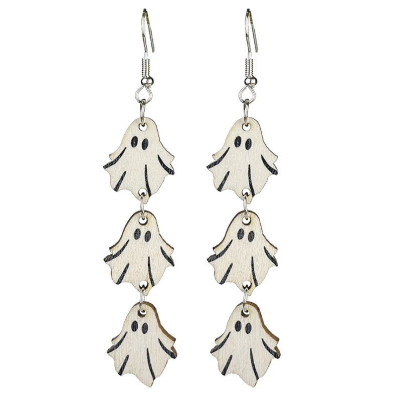 Wholesale 2 Pairs/pack Halloween Wooden Bohemian Ghost Pumpkin Skull Flower Stitching Earrings