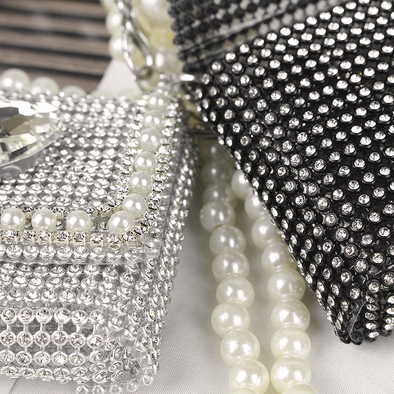 Wholesale Rhinestone Small Square Bag Pearl Chain Mini PVC Crossbody Bag