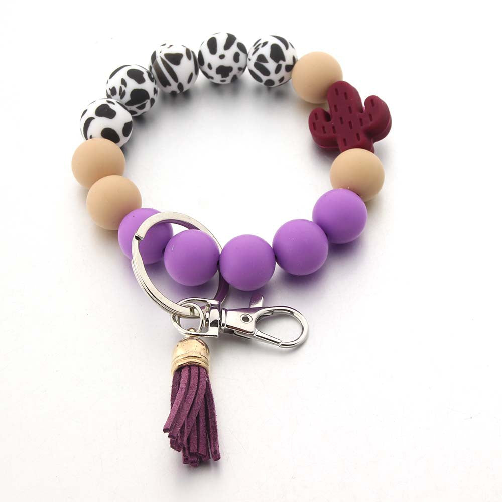 Wholesale Silicone Food Grade Wooden Beads Cartoon Tassel Wrist Keychain