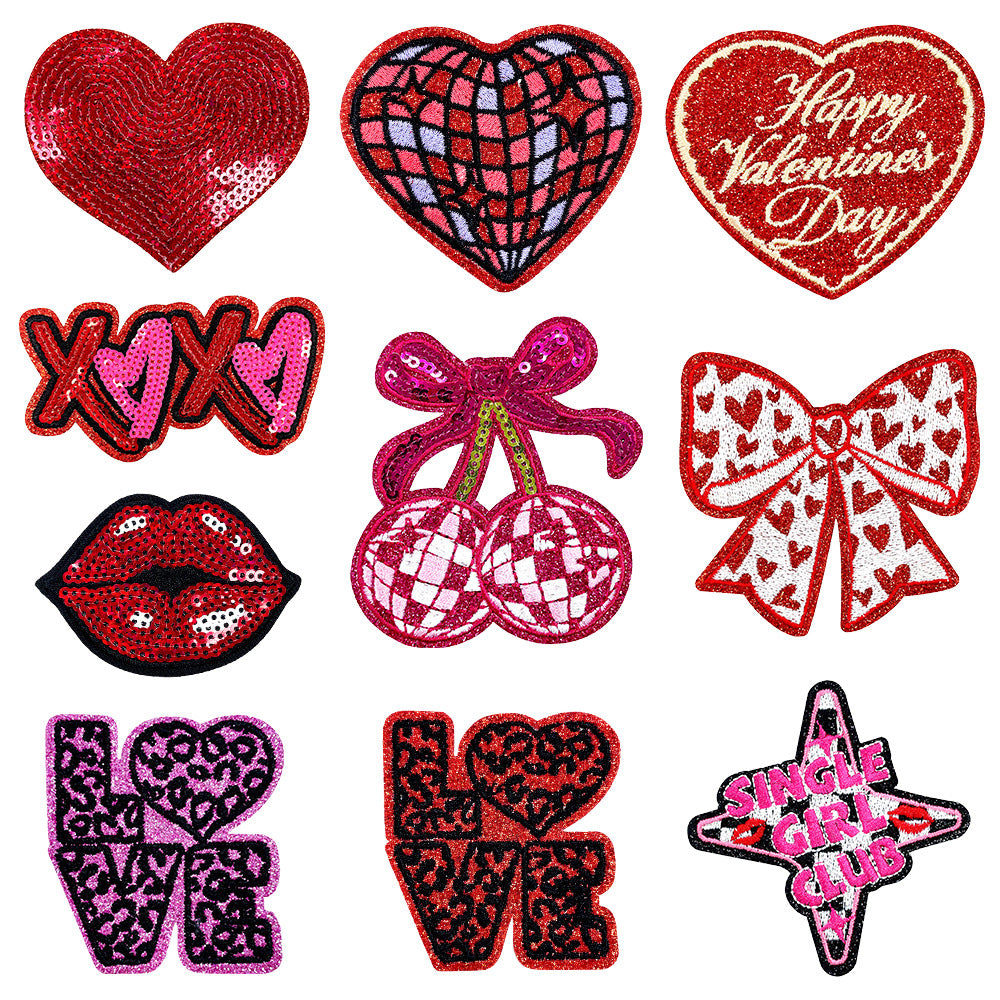 Wholesale Polyester Embroidered Iron On Patch Valentine Hearts Cherries Bow XOXO Everyday Use For Coats Bags