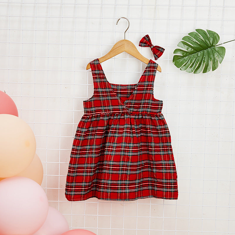 Wholesale Stylish Checkered Print Girls Princess Dress With Bow Headband Korean Style Sleeveless Backless Cotton Blend Party Dress For Gift Resale