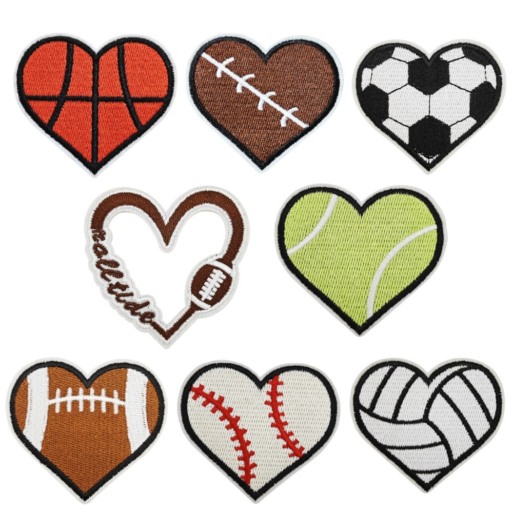 Wholesale Heart Shaped Sports Embroidered Patch Cartoon Soccer Basketball Bowling Design Polyester Thread Hat Decorative Accessory Fashion Craft Supply