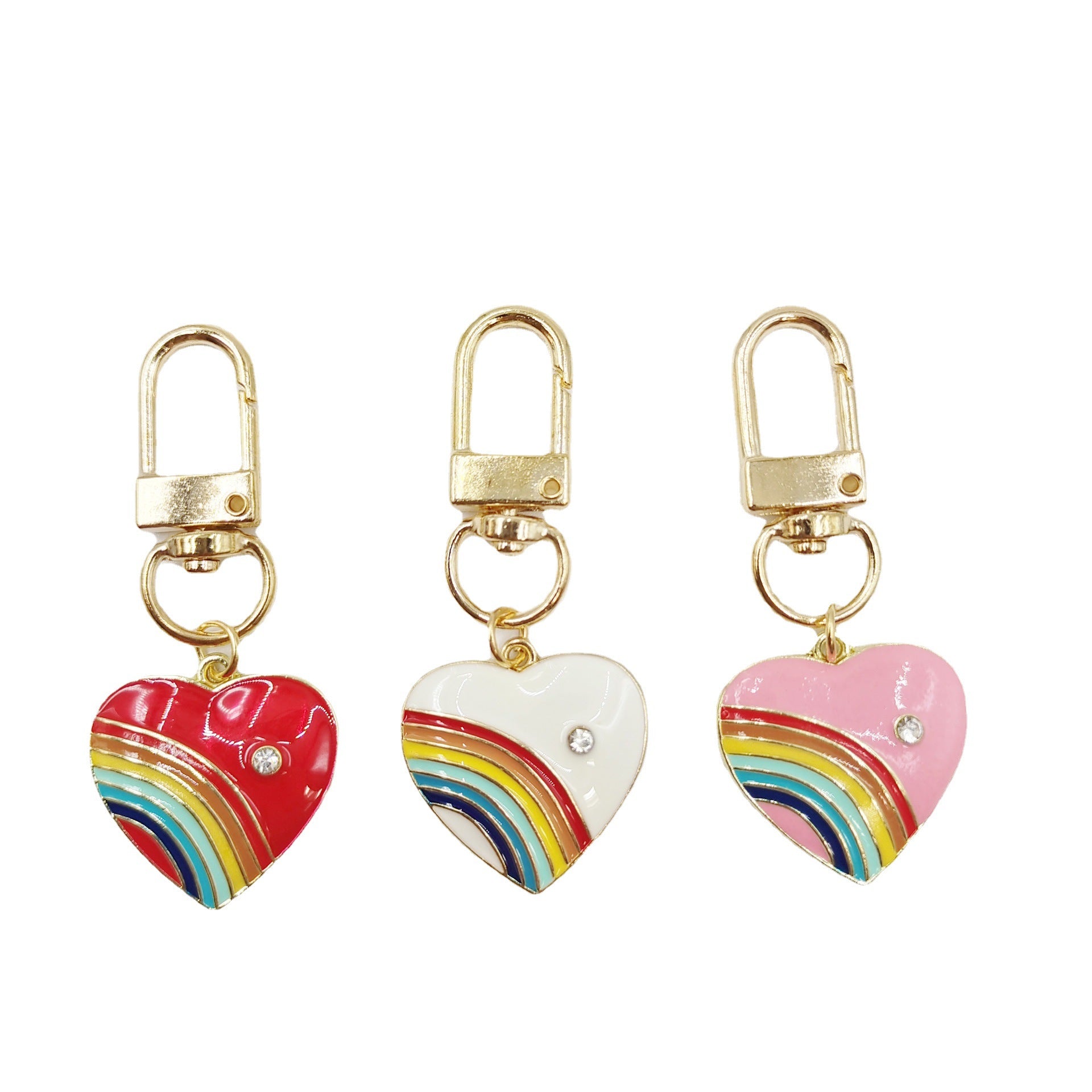 Wholesale 5PCS/PACK Diamond Heart Rainbow Alloy Drip Oil Keychains