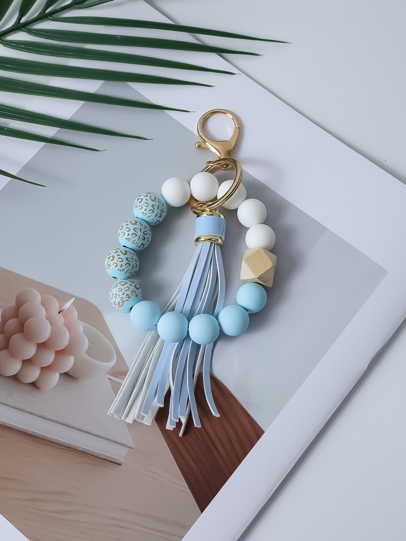 Wholesale Printed wooden bead bracelet with tassel wrist keychain
