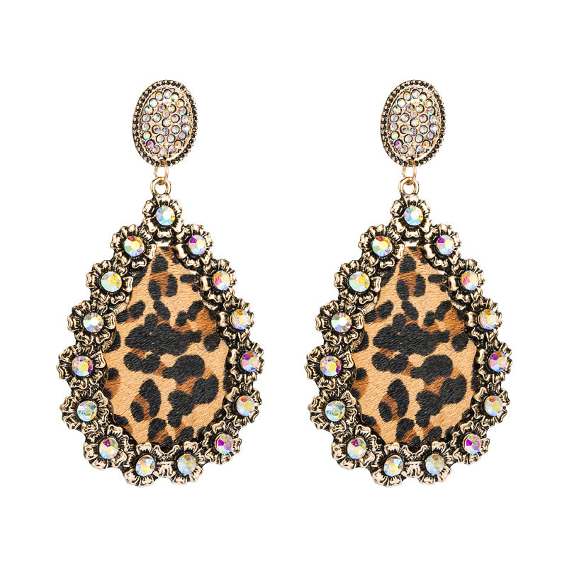 Wholesale Leopard leather diamond studded colorful sequin earrings