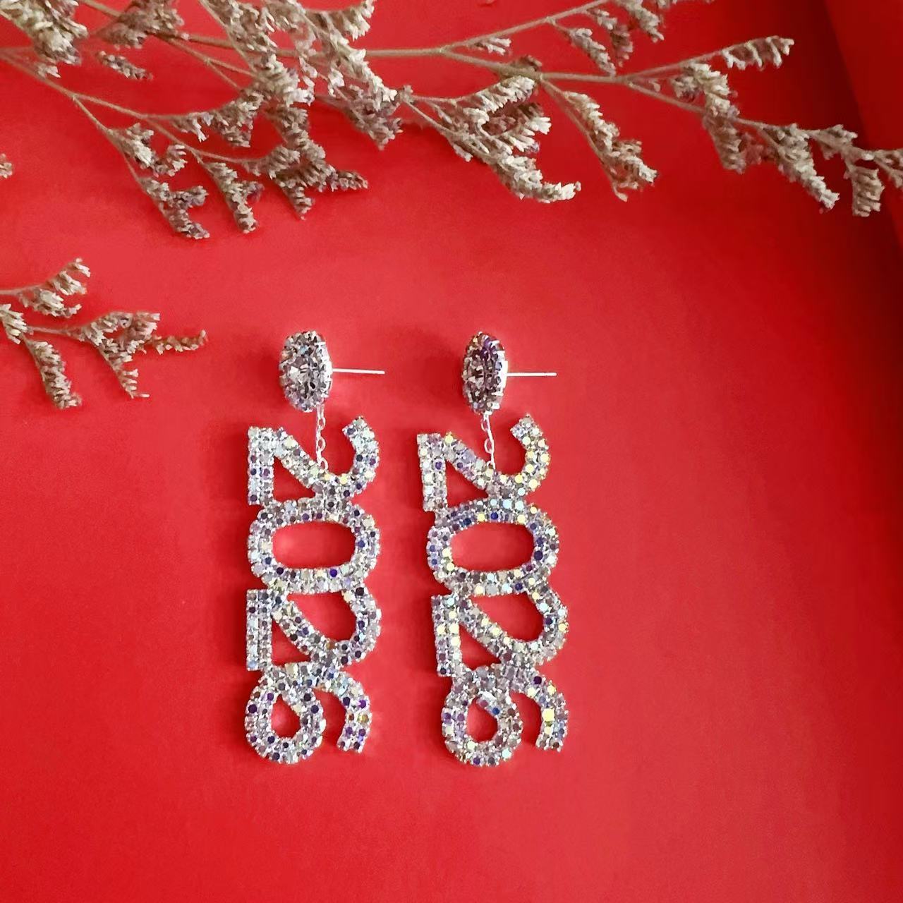 Wholesale Full Diamond Number 2026 Blingbling Earrings