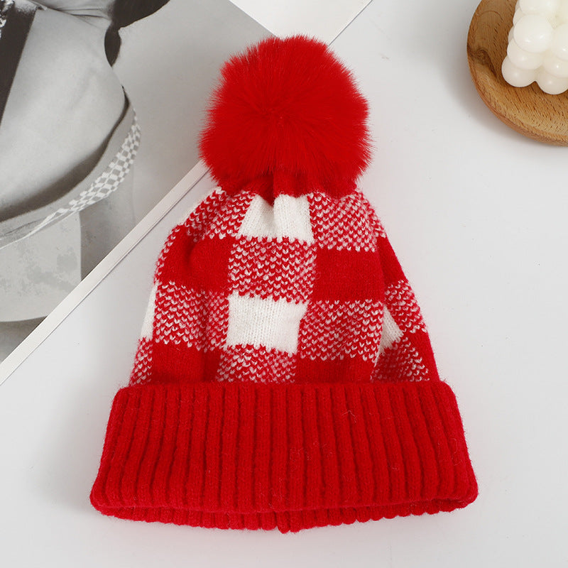 Wholesale Cold-proof Black and Red Plaid Knitted Hat with Ear Protection Wool Ball Beanie