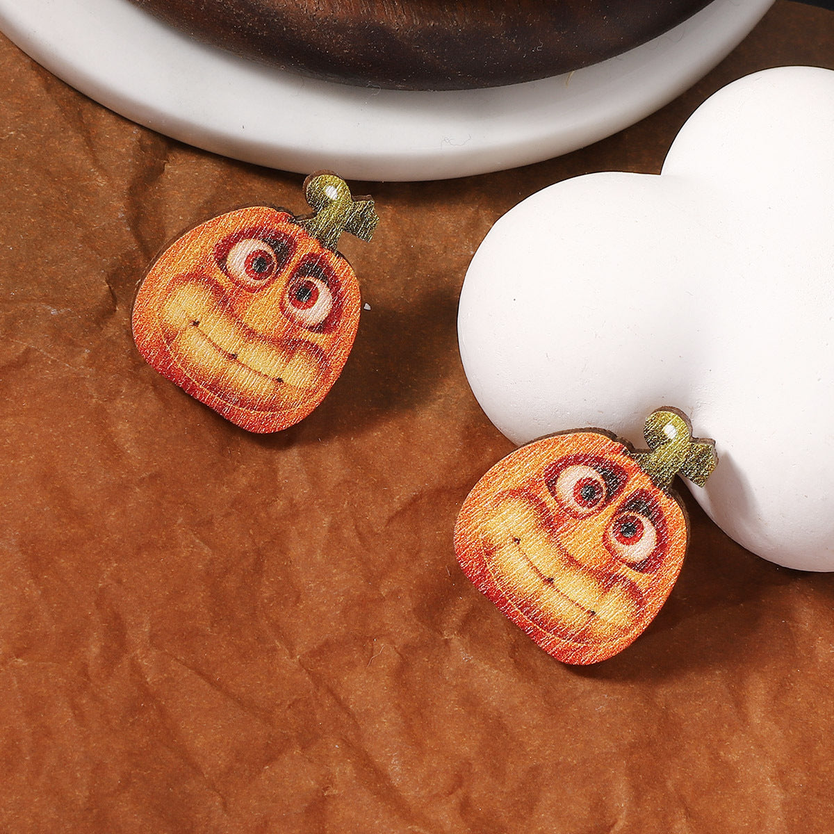 Wholesale Halloween Creative Funny Wood Printed Pumpkin Expression Pack Earrings