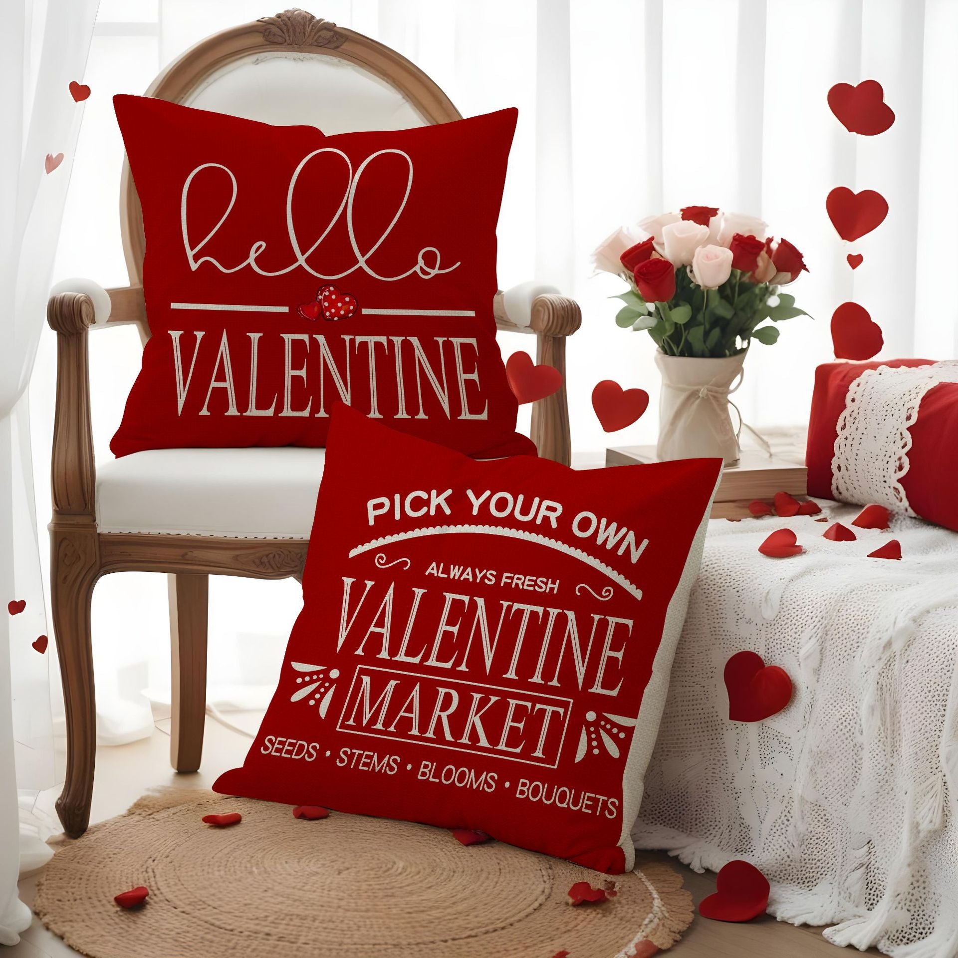Wholesale  Valentine' s Day  Linen Plaid Printed Love Waist  Pillowcase