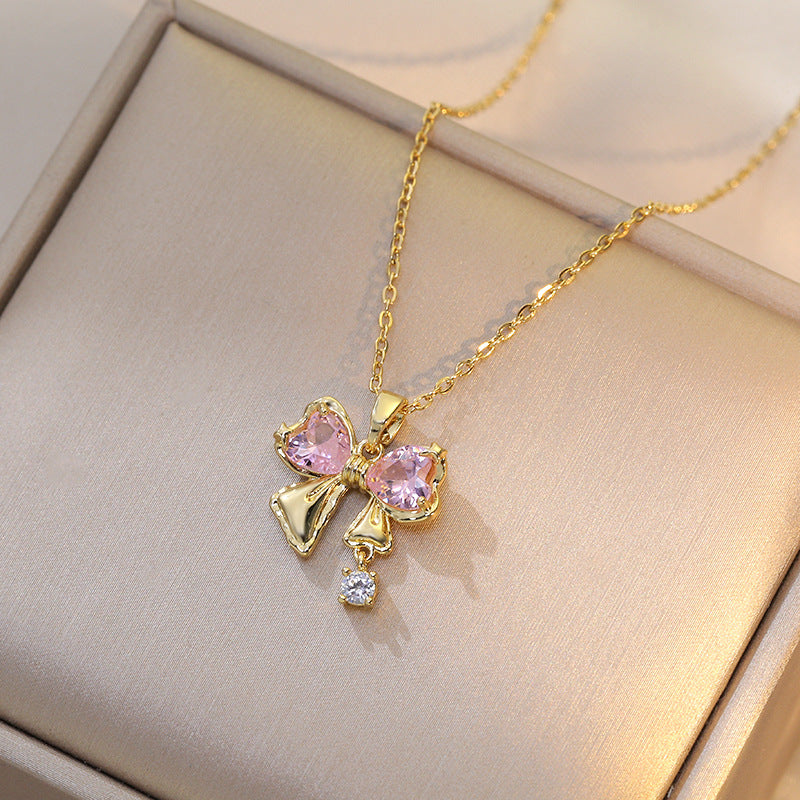 Wholesale Butterfly Full Diamond Pink Zircon Titanium Steel Necklace