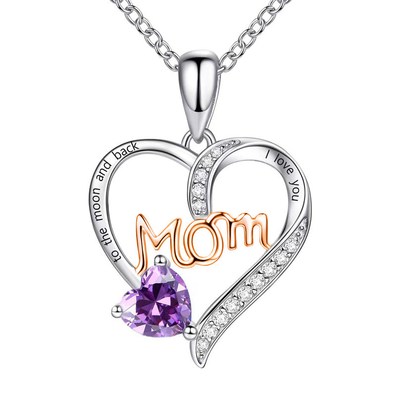 Wholesale Mother's Day Mom Heart-shaped Engraved Diamond Alloy Necklace