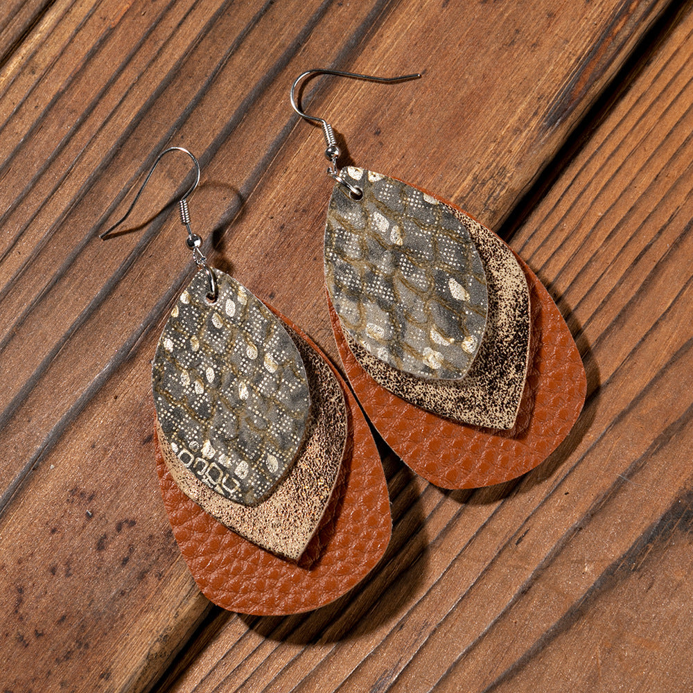 Wholesale Multi-layer Water drop Leaf Earrings PU Leather