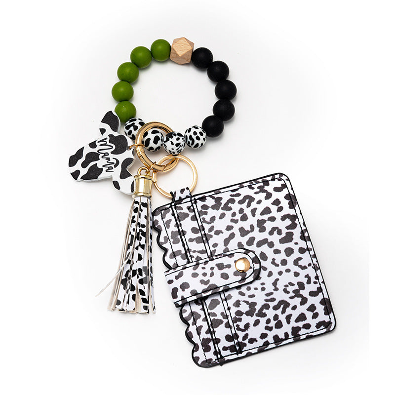 Wholesale Leopard Print Card Holder Silicone Beaded Wrist Keychain