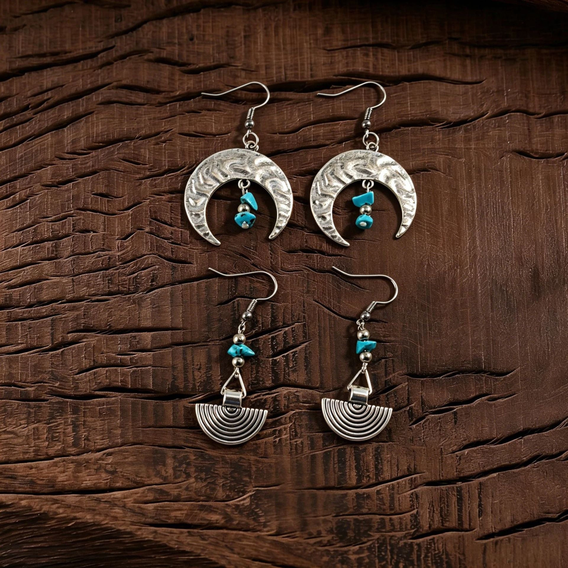 Wholesale Retro Bohemian Moon Drop Earrings For Women Turquoise Inlay Hollow Flower Zinc Alloy Everyday Wear