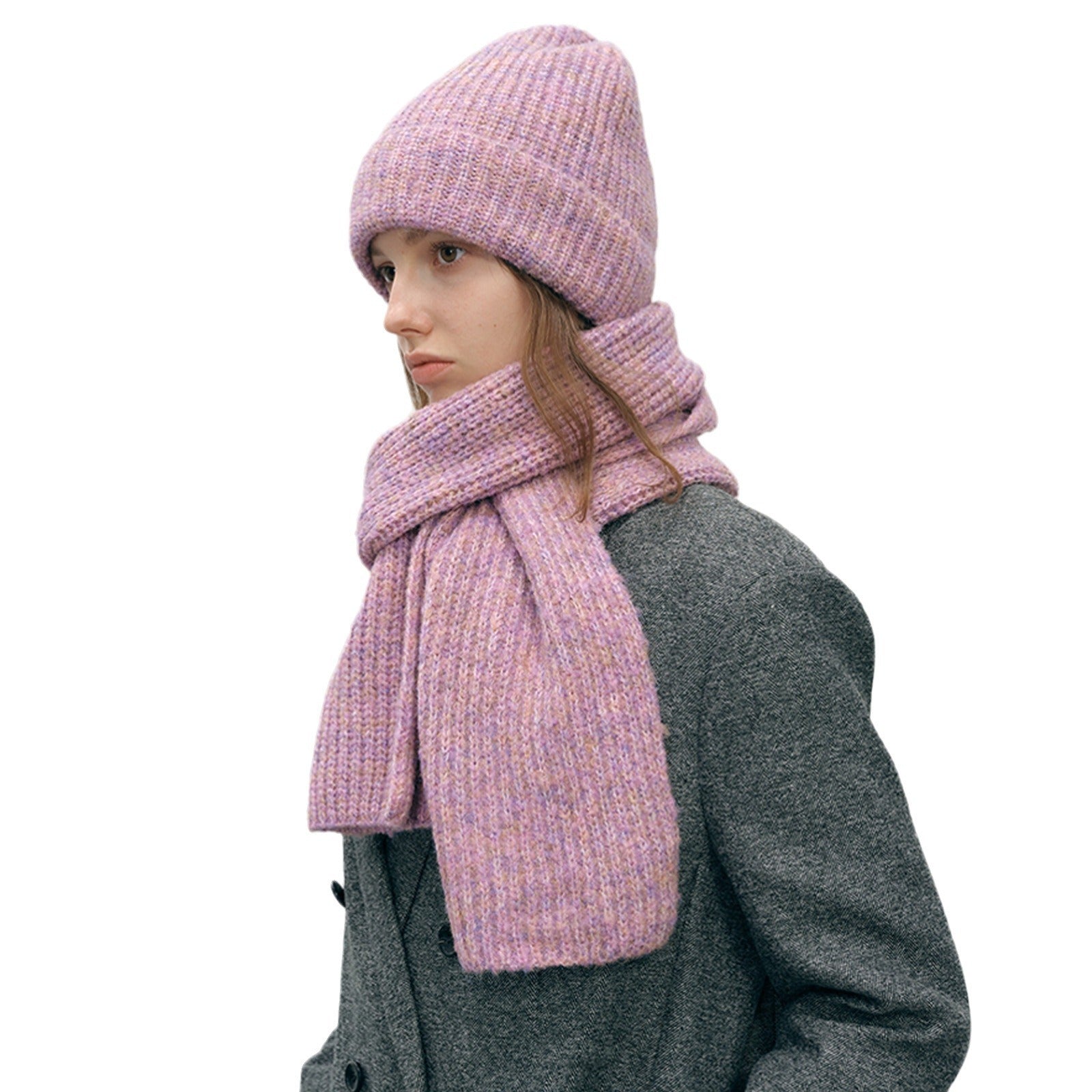 Wholesale Autumn and Winter Multi-color Gradient Thickened Warm Knitted Hat Scarf Two-piece Set
