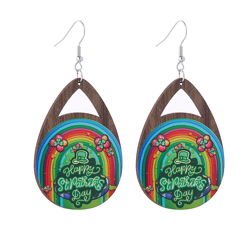 Wholesale St. Parcret festival Green lucky grass rainbow hat beard Irish wooden earrings