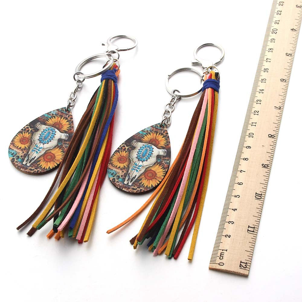 Wholesale Western Leather Tassel Cow Horse Head Cross Printed Wooden Plaque Keychain