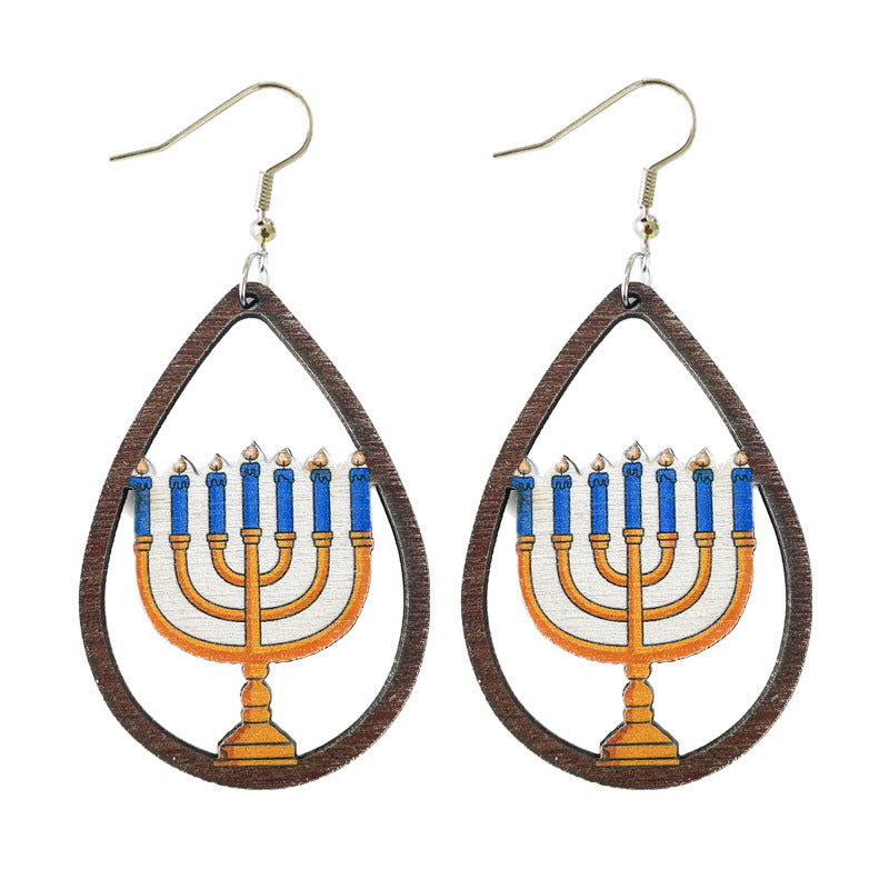 Wholesale Hanukkah Water Drop Hollow Wooden Candle Star Earrings 2 in A Pack