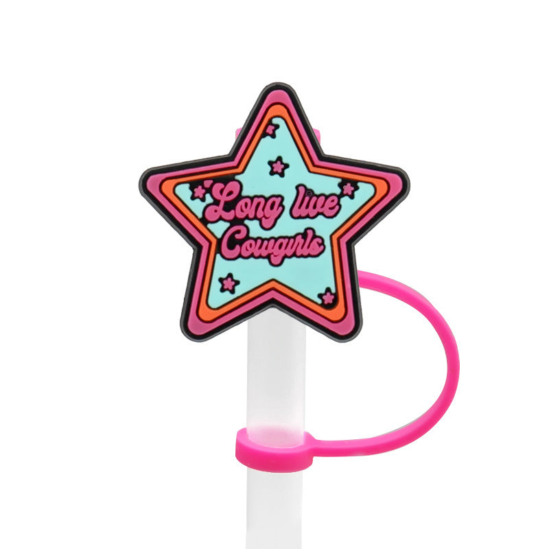 Wholesale of 10pcs Cow Patterned Pentagonal Silicone Dustproof Straw Plugs