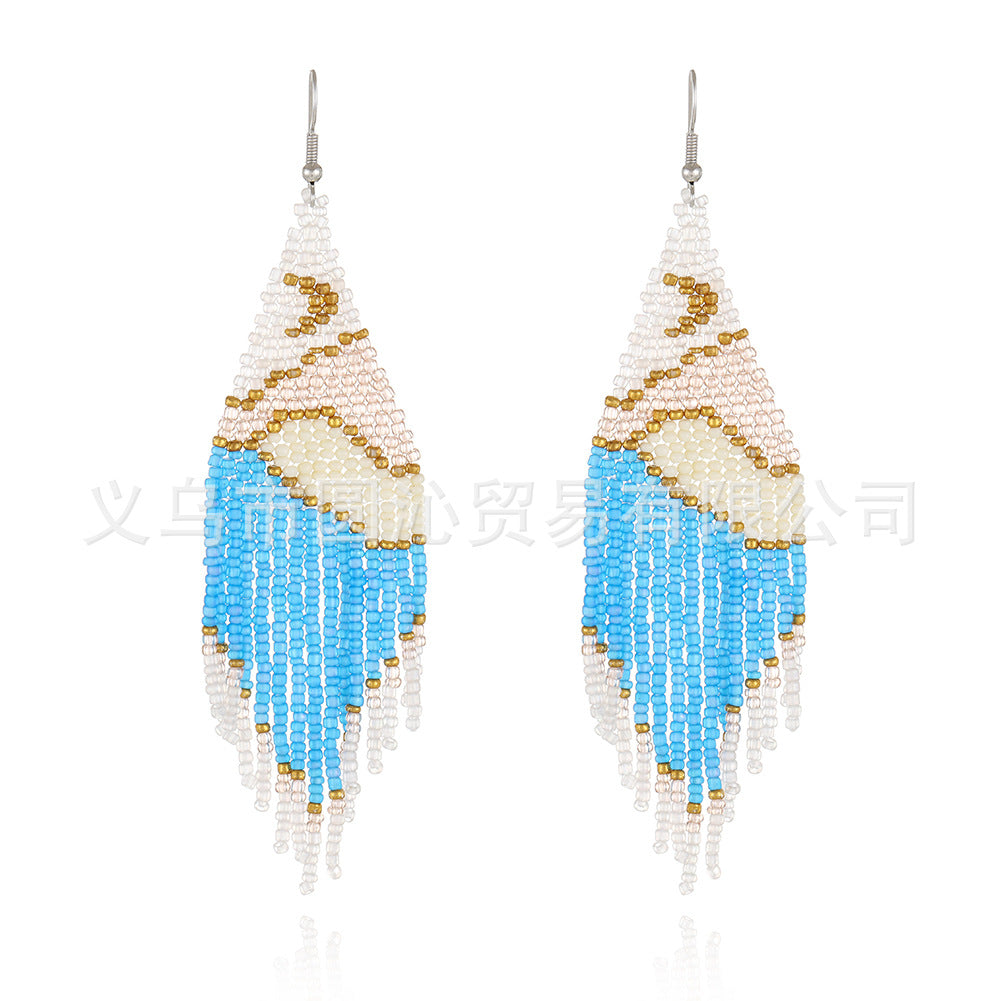 Wholesale Bohemian Handmade Tassels, Moon, Mountain and River Scenery, Rice Bead Earrings