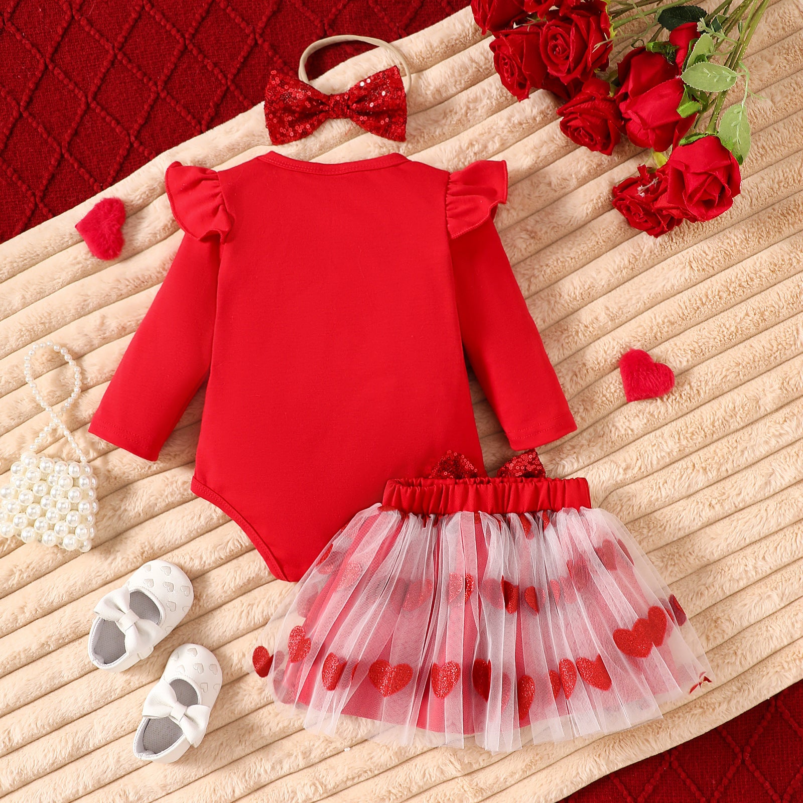 Wholesale Sweet Letter Heart Printed Long Sleeve Children's Clothing Mesh Dress Collar Headband Three-piece Set