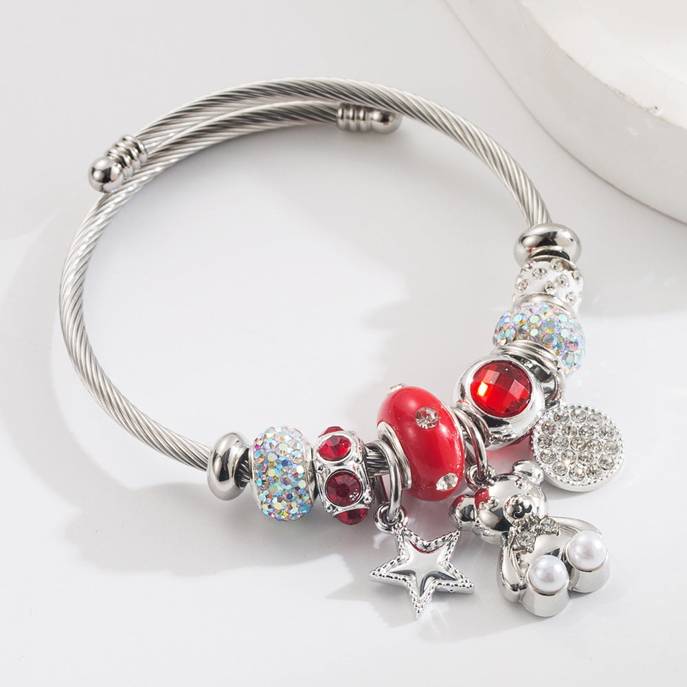 Wholesale  New Style Personalized Creative DIY Bear Star Round Stainless Steel Bracelet Alloy Diamond Adjustable Bracelet