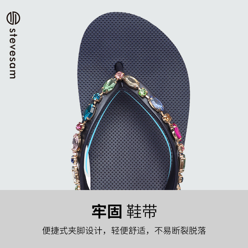 Wholesale Rhinestone Flip-Flops Women's Trendy Thick Bottom Beach Clip Leg Casual Wedge Sandals