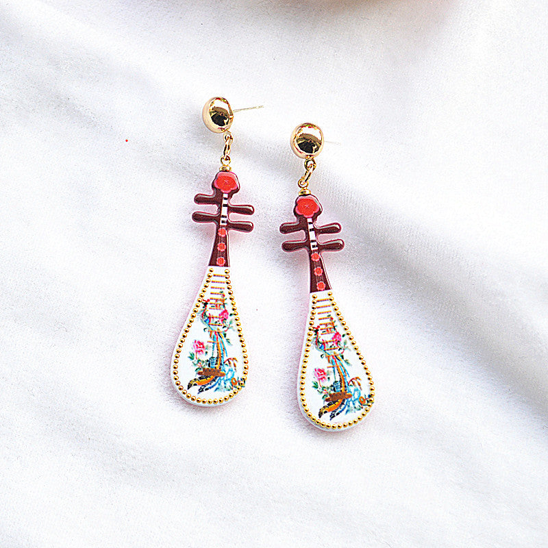 Wholesale Vintage Imitation Musical Instrument Metal Dripping Oil Pipa Long Tassel Earrings