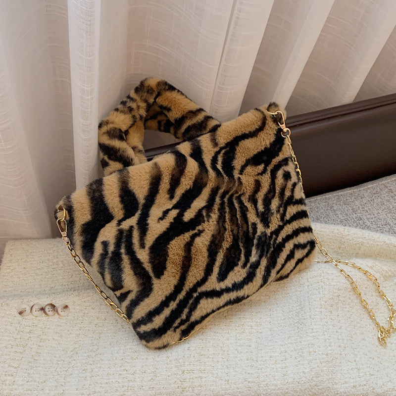 Wholesale Plush Leopard Print Tote Bag Handbag Chain Crossbody Bag