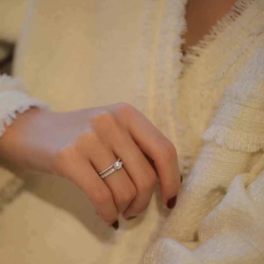 Wholesale Double-layer Diamond Studded Pearl Copper Rings