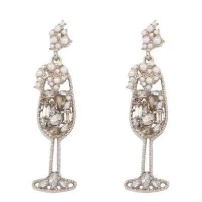 Wholesale Pearl Inlaid Diamond Wine Glass Shaped Alloy Earrings