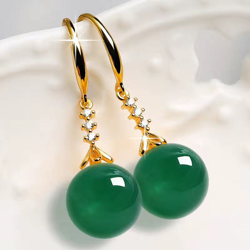 Wholesale Platinum-plated long fashionable imitation Hetian green jasper earrings