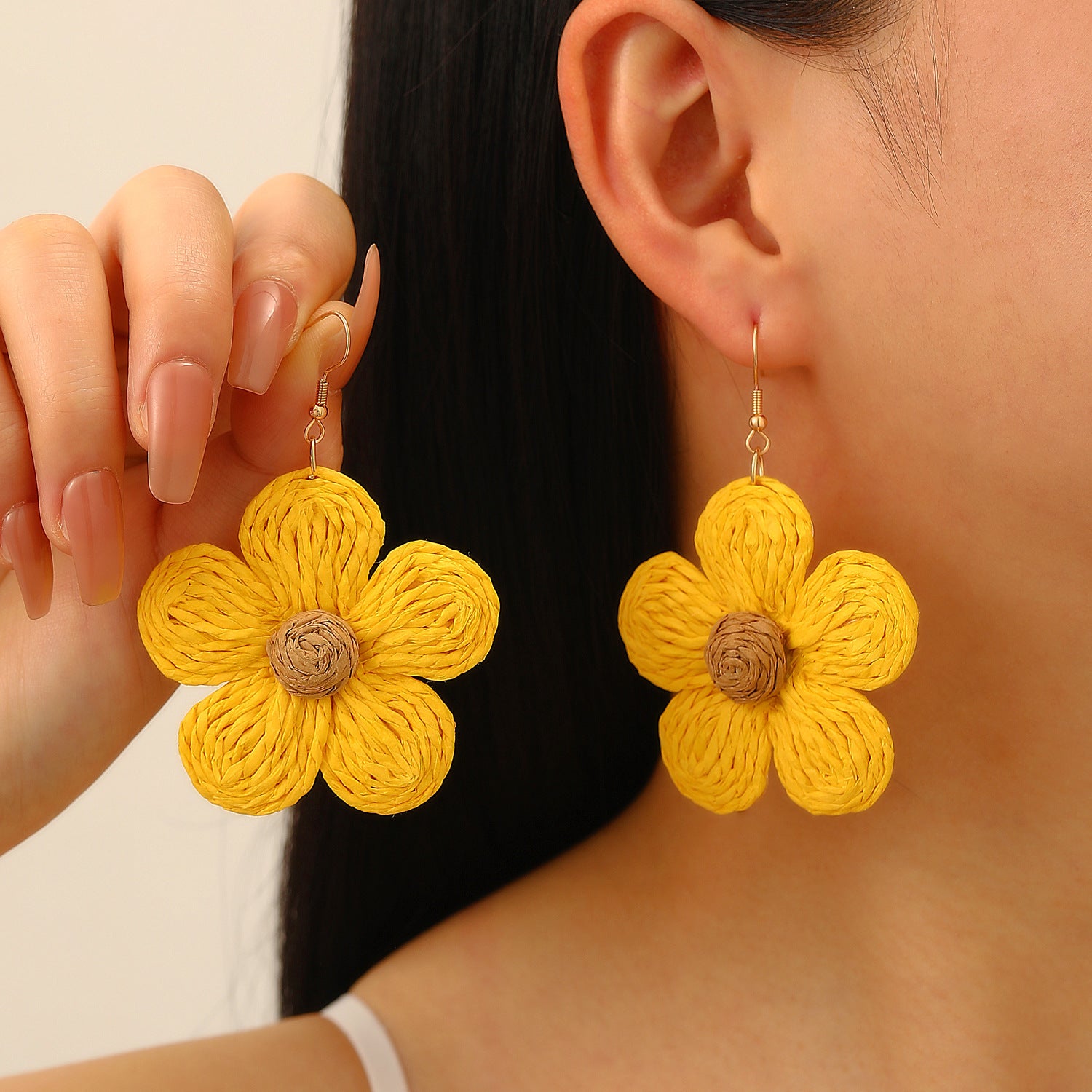 Wholesale Trendy Summer Vacation Hand Knit Raffia Flower Earrings For Women Golden Yellow Fashion Accessory Resale Gift