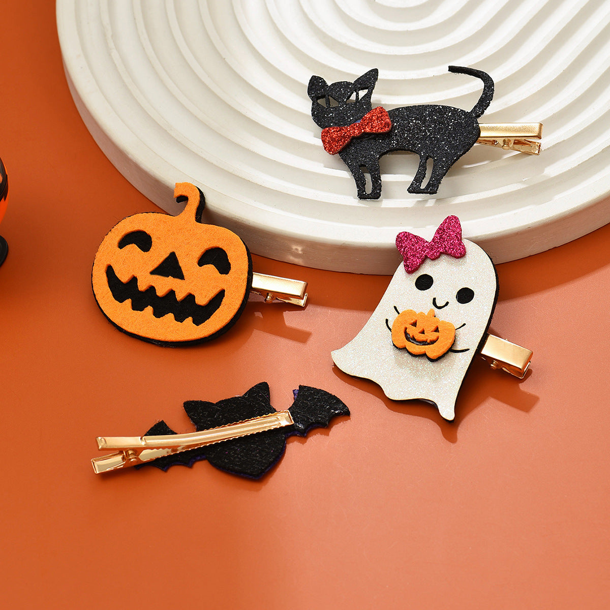 Wholesale Halloween Cartoon Pumpkin Cat Bat Ghost Leather Kids Hair Clips