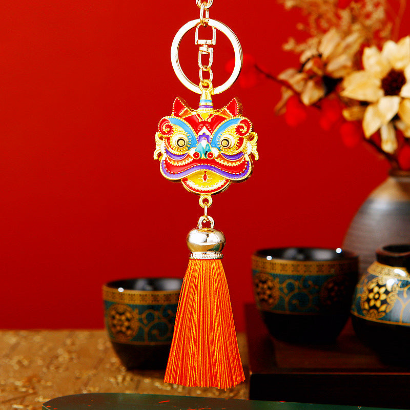 Wholesale Metal Chinese Style Lucky Lion Head Tassel Car Keychain Sapphire Blue Rhinestone Gift For Men Women