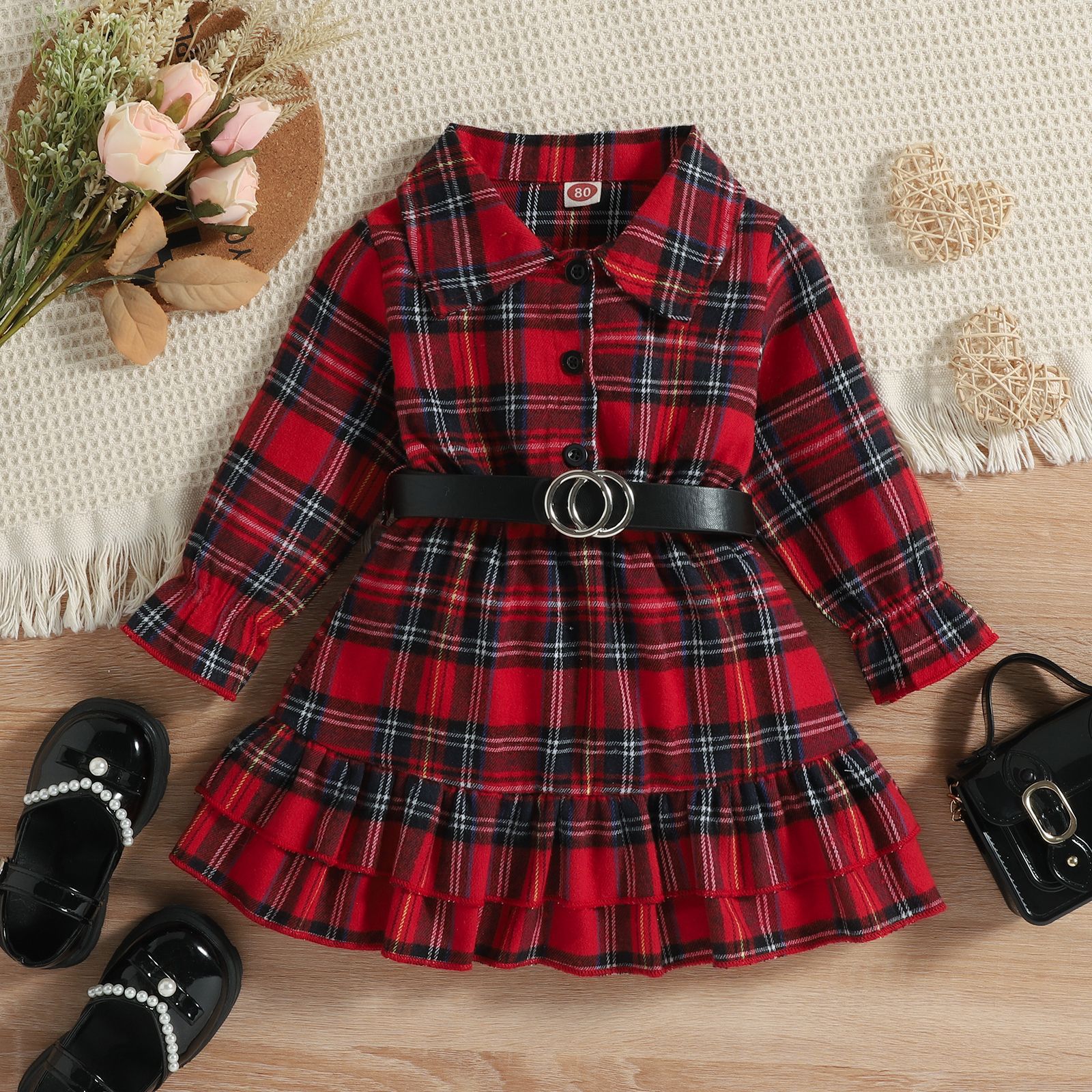 Wholesale Autumn/Winter Christmas Princess English Plaid with Belt Baby Clothes