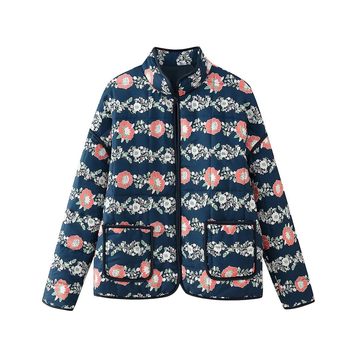 Wholesale Autumn Flower Print with Thin Pockets Adorning Cardigan Cotton Jacket