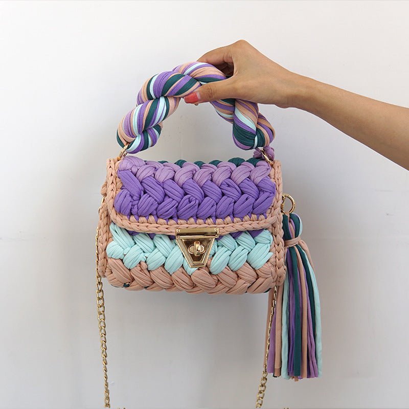 Wholesale Handmade Polyester Woven Handbags with Colored Chain Strips and Diagonal Cross Shaped Handbags