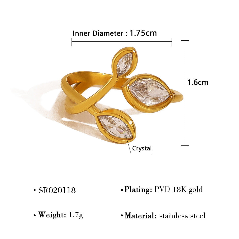 Wholesale rainbow zircon leaf ring women' s 18K gold titanium steel open ring