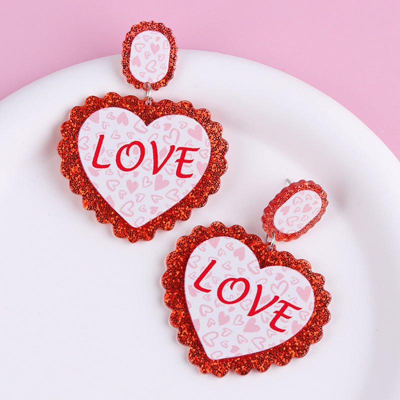 Wholesale Valentine' s Day Heart-shaped LOVE Acrylic Glitter Earrings