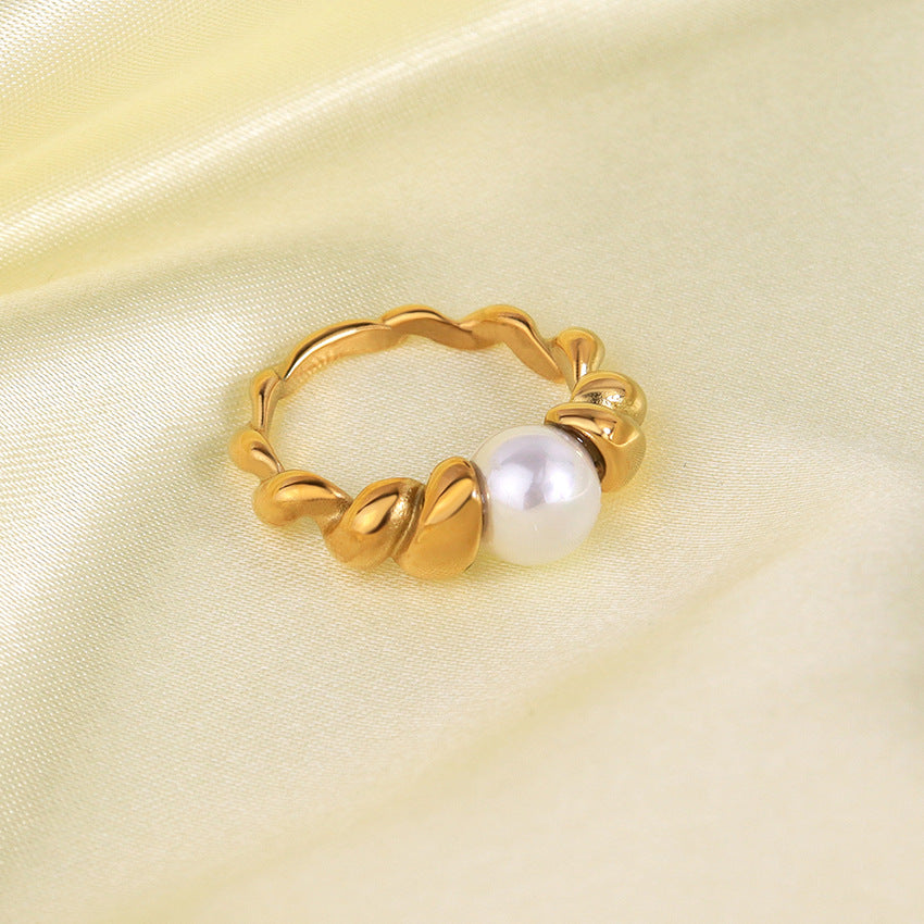 Wholesale Stainless Steel 18K Gold Inlaid with Pearl Natural Stone Ring Finger