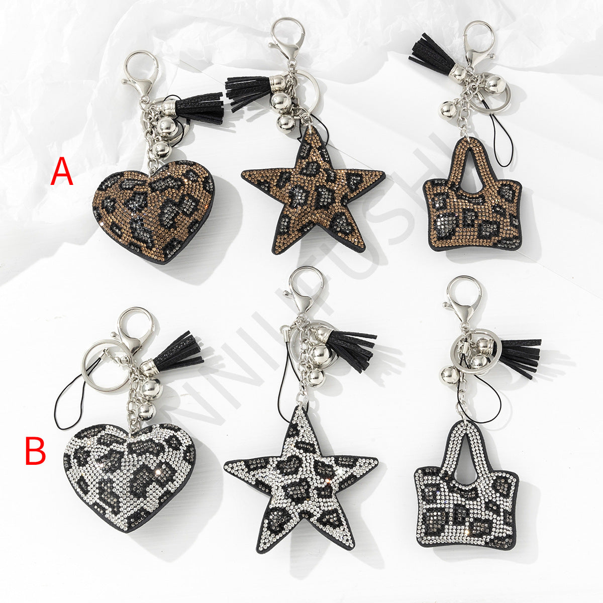Wholesale Metal Leopard Rhinestone Pentagram Heart Mini Bag Keychain