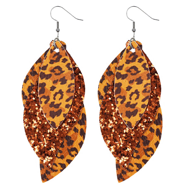 Wholesale S-Shaped Leather Earrings Leopard Print Earrings Sequin Ear Pendants