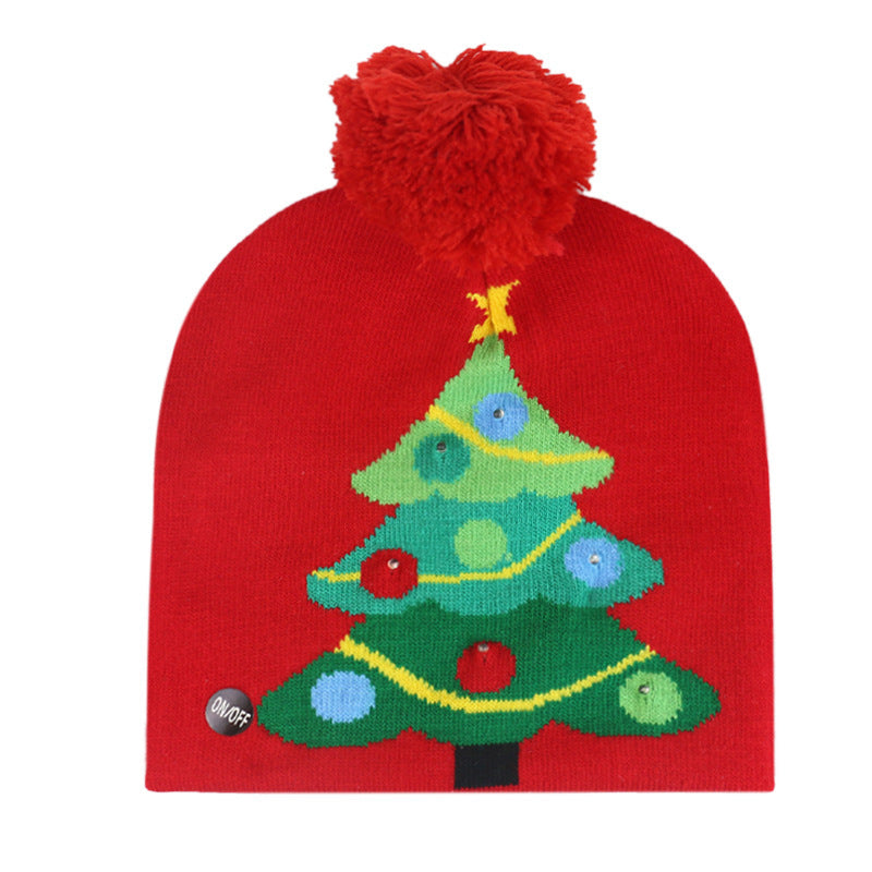 Wholesale Christmas Snowman Elk Christmas Tree Hair Ball Knitted Hat LED Colorful Dazzling Light Woolen Hat
