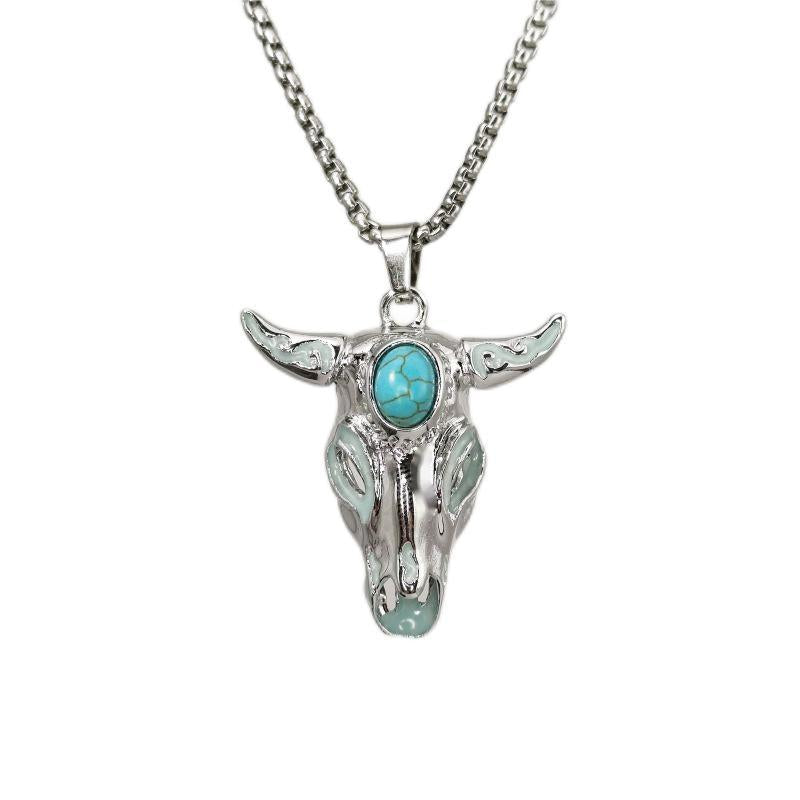 Wholesale Turquoise Skull Bull Head Stainless Steel Glowing Necklace
