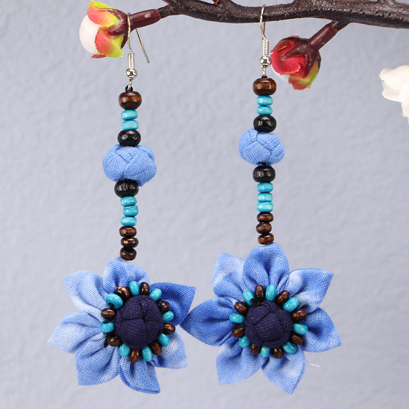 Wholesale Tie-dye blue dye earrings earrings ethnic style buckle flower blue earrings tie-dye earrings