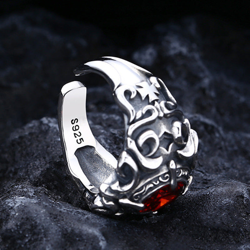 Wholesale s925 silver-plated trendy retro Thai silver old style fashionable men's faceted garnet cross ring
