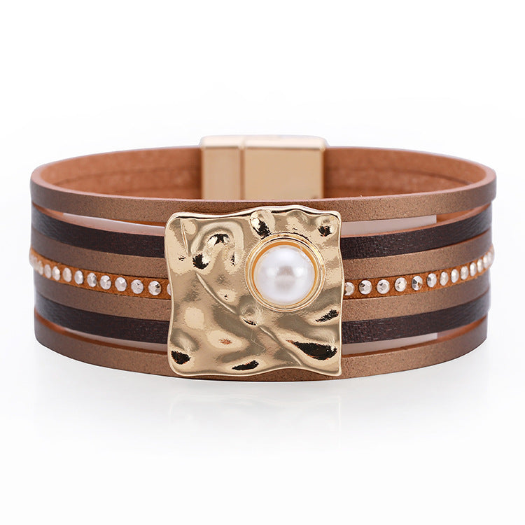 Wholesale Bohemian Multi-layered Leather Buckle with Pearl Bracelet