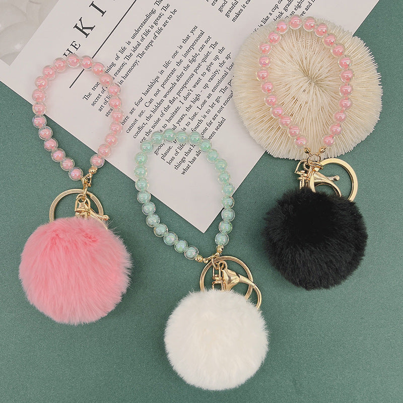 Wholesale Cute Fur Ball Colorful Beaded Lanyard Keychain